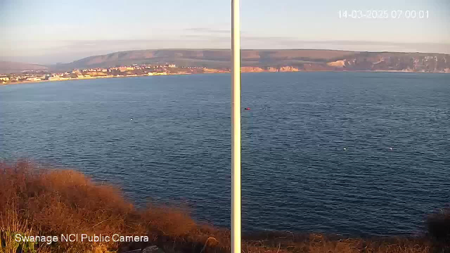 A scenic view of the ocean and coastline during sunrise. In the foreground, there are some brown coastal plants. The water is calm and reflects the soft morning light, with gentle waves appearing slightly disturbed. In the distance, there are buildings lining the shore, with cliffs visible beyond them. A light pole stands on the left side of the image. The sky is clear with a hint of clouds, and the date and time are displayed in the top right corner.