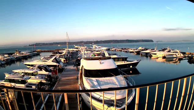 A marina scene features numerous boats docked in calm water under a clear blue sky. The foreground shows a white motor yacht prominently, with other boats of various colors and sizes around it. A wooden pier extends towards the horizon where more boats can be seen. In the background, rolling hills are visible across the water, leading to a clear horizon. The serene atmosphere is enhanced by the soft light of early morning or late afternoon.