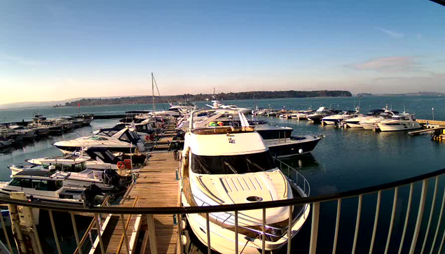 A panoramic view of a marina filled with numerous boats and yachts docked along a wooden pier. The water is calm, reflecting the clear blue sky. In the background, there are lush green hills on the horizon. The scene is bathed in bright sunlight, indicating a pleasant day.