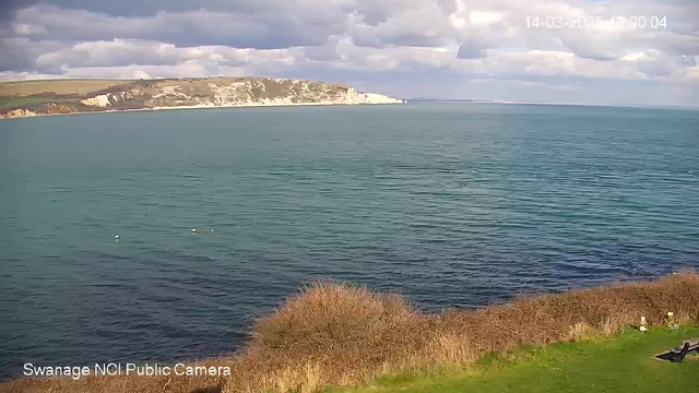 A scenic view of the ocean under a partly cloudy sky. The water is a mix of blue and green hues, with some white-capped waves visible. In the foreground, there is a grassy area with some shrubs, and a few distant buoys are floating on the water. The coastline is rocky with a cliff in the background, while the clouds are fluffy and scattered. The date and time displayed in the corner suggest a morning scene.