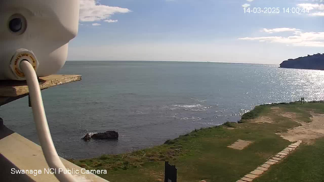 A coastal scene featuring calm blue waters under a clear sky with a few white clouds. In the foreground, there is a rocky outcrop in the water to the left, and a grassy area extending to the right. A pathway made of stones leads across the grass. The image is taken from a high vantage point, showing the tranquility of the shoreline and ocean.