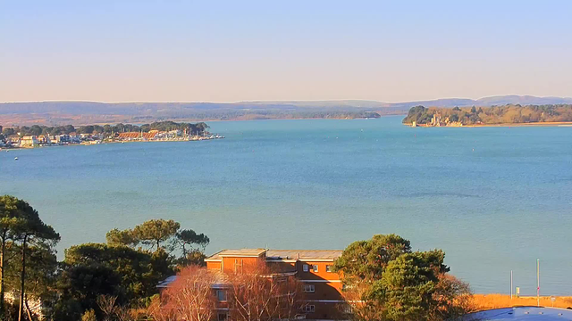 A scenic view of a calm body of water under a clear blue sky. In the distance, there are small boats and a shoreline lined with buildings and trees. The foreground features some low bushes and trees. The water appears shimmering in the sunlight, while hills can be seen in the background.