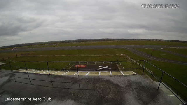A wide view of a grassy airstrip under a cloudy sky. In the foreground, there is a balcony railing. The airstrip is marked with white lines, and a red helicopter landing pad is partially visible to the left. Several small markers are along the airstrip's edge. The date and time are displayed in the top right corner, indicating March 17, 2025, at 15:00:01.