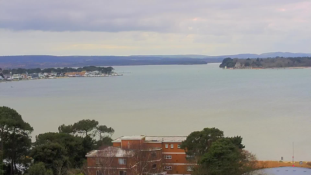 A coastal view features a calm body of water, with buildings along the shoreline on the left, including some white houses and a larger structure with a bright roof. In the background, there are distant hills under a cloudy sky. The foreground includes trees and a brown building with multiple windows. The water is a mix of light greenish-brown shades, reflecting the muted colors of the sky.