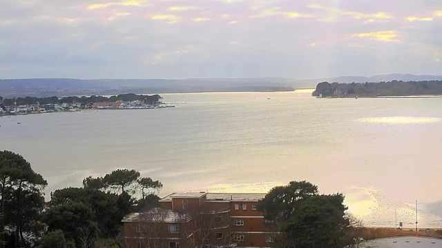A serene view of a body of water with gentle ripples, reflecting soft, muted colors from the sky above. The horizon features a distant shore lined with trees and buildings, while closer to the foreground, there are dark green patches of trees. A few small boats are visible on the water. The scene is set under a cloudy sky, with hints of light breaking through the clouds, creating a tranquil and calm atmosphere.