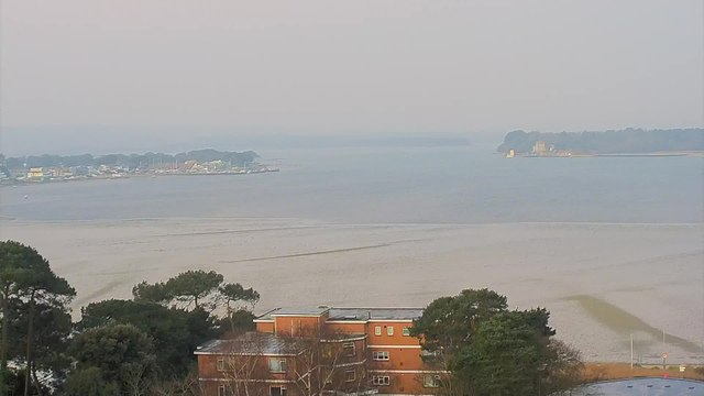 A serene view of a large water body reflecting a soft, overcast sky. In the foreground, there are some trees, along with a low, brick building. In the distance, a small marina with several boats is visible on the left side, while on the right side, there is an island with trees and a structure that appears to be a castle or historic building. The water is calm with gentle ripples, and the horizon fades into a misty background.