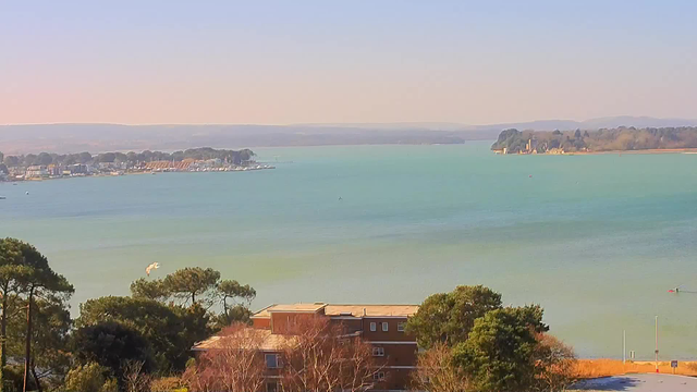 A scenic view of a calm body of water, with shades of blue and green. On the left side, a marina with boats is visible, while the right side features a small island with trees and a building. In the foreground, there are trees with green foliage and a brick building. The horizon shows a gentle transition of colors from blue sky to soft hues near the land.
