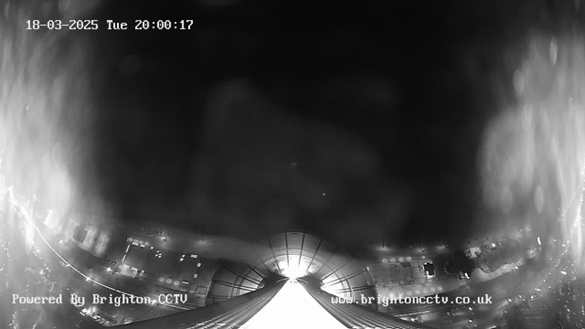 A black and white image from a webcam shows a view looking down from a tall structure, possibly a tower or building. The foreground features a narrow, white pathway leading towards a bright area at the bottom of the frame, suggesting an exit or opening. Below, the ground is illuminated with scattered lights, hinting at a cityscape. The date and time are displayed in the top left corner, indicating it is March 18, 2025, at 20:00:17. The overall mood is dark with the focus on the lit pathway and the distant lights below.