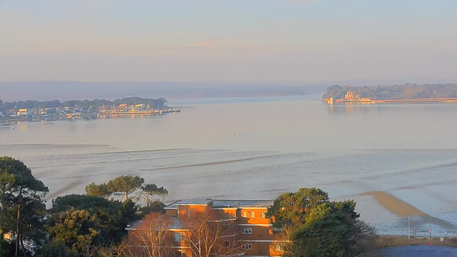 A calm water scene at dawn, with a reflective surface showing gentle ripples. In the foreground, there are trees and the rooftops of buildings, transitioning to a tranquil bay lined with a marina and distant houses. Small boats are visible on the water, and faint hills are seen in the background, bathed in soft, early morning light. The sky at the horizon has a pale gradient, indicating a sunrise.