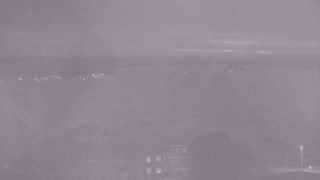 A monochrome webcam image shows a hazy view of a body of water with faint lights reflecting on its surface. The horizon features a clouded sky, and there are indistinct outlines of trees and structures in the foreground. The overall atmosphere appears calm and subdued.
