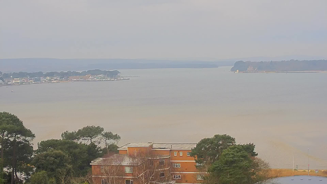 A coastal view shows a calm waterway with a mixture of brown and grey hues. In the foreground, a few trees and a low building with orange-brown walls can be seen. In the middle distance, a cluster of boats is moored along the shore, and beyond, land with trees extends into the horizon. The sky is overcast with soft, muted colors, indicating a cloudy day.