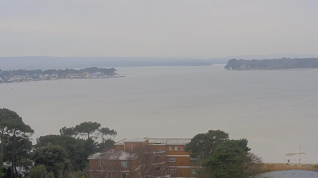 A wide view of a calm waterway surrounded by land. In the foreground, there are trees and a few low-rise buildings, one with a flat roof and several windows. The water appears gray and is reflecting the cloudy sky above. In the distance, a marina with boats is visible on the left side, and more land extends towards the right, where a large structure can be seen on the shoreline. The overall atmosphere is tranquil and slightly overcast.