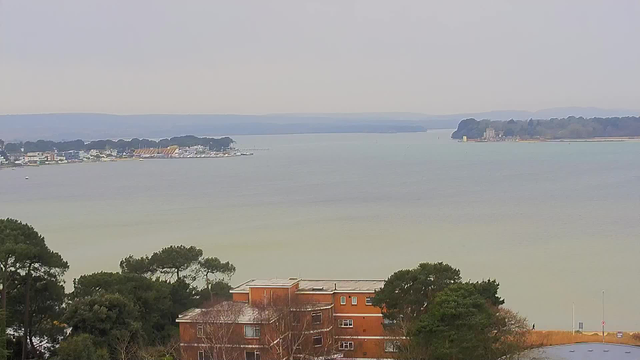 A view of a calm body of water under a cloudy sky, with distant hills in the background. On the left side, a marina with several boats is visible, surrounded by trees and buildings in various colors. In the foreground, there is a building with a reddish-brown exterior, partially obscured by greenery. The overall atmosphere is tranquil, with muted colors reflecting the overcast weather.