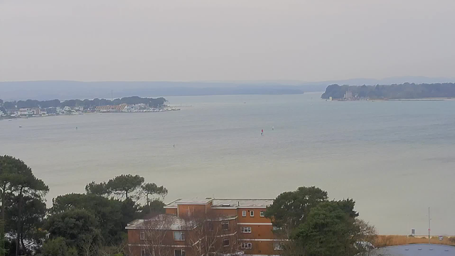 A panoramic view of a calm waterway with gentle waves and a gray overcast sky. In the foreground, there are trees and low buildings. In the background, a small marina with several boats is visible. To the right, a distant coastline leads to a landmass with trees and structures. The overall scene conveys a tranquil waterfront environment.
