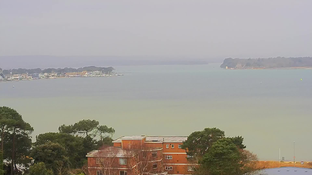 A view of a calm water body, possibly a lake or an estuary, with a hazy sky above. In the foreground, there are several trees and a red-brick building with multiple windows. The water is a gradient of light green to darker shades, with visible reflections. To the left, there are boats and a marina with colorful buildings resembling a small town. In the distance, more land can be seen, marked by trees and structures, against the backdrop of a muted horizon.