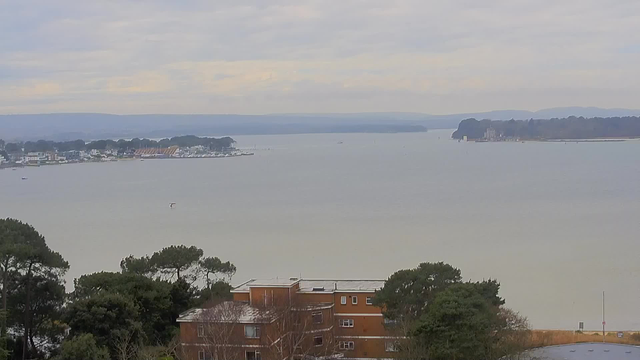A view of a wide body of water under a cloudy sky. In the foreground, there are trees and a brown building. Across the water, a small marina is visible with several boats and houses lining the shoreline. In the distance, the land continues with gentle hills. The scene conveys a tranquil coastal atmosphere.