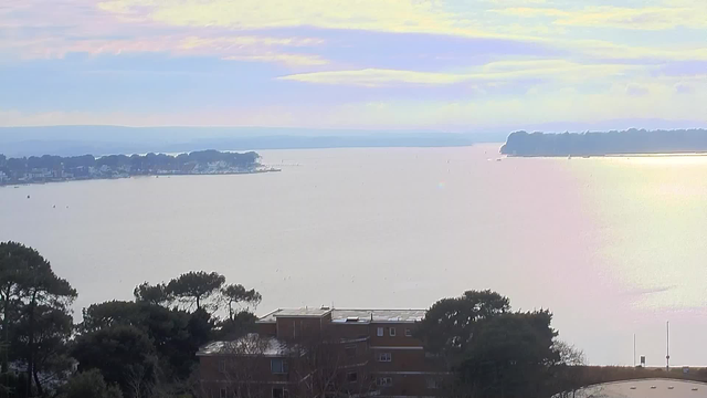 A calm body of water stretches across the image, with soft pastel colors reflecting off its surface. In the distance, a line of trees borders the shore, while buildings can be seen along the waterfront. The sky is filled with light clouds, hinting at a serene atmosphere. Various small boats are scattered across the water, enhancing the tranquil scene. In the foreground, greenery and rooftops are visible, framing the view of the landscape beyond.