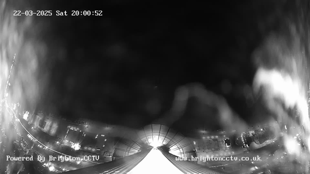 A black and white image captured from a webcam shows a view from a high vantage point. The scene is somewhat blurred, but there are lights visible below, indicating buildings and streets. The foreground features a sloping structure leading towards a bright light source in the center, which likely represents an entrance or pathway. The timestamp at the top indicates the date and time of the image, while a logo and website link are present at the bottom corners. The overall atmosphere appears to be evening or nighttime.