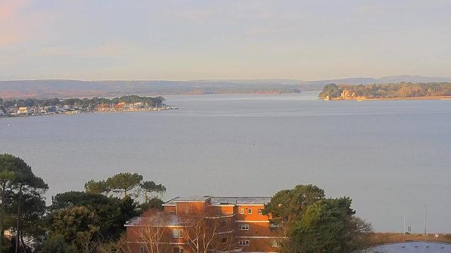 A tranquil view of a water body, with a shoreline lined by trees and buildings. In the foreground, there are green trees and a brown building with multiple windows. Across the water, a small town is visible with a mix of residential and commercial structures. Sailboats are gently bobbing in the water, with hills in the background, partially shrouded by a gentle mist. The sky has soft colors of early morning light.