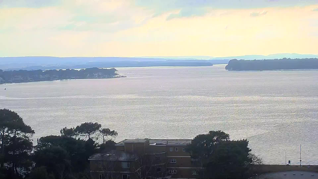 A serene view of a large body of water under a cloudy sky. The water's surface reflects soft light, creating a shimmering effect. In the foreground, there are trees on the left and a low, multi-story building partially obscured by the trees. To the right, the water stretches out towards the horizon, dotted with faint silhouettes of distant landmasses and trees. The sky above features light clouds that give a soft, diffused lighting to the scene.