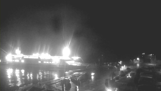 A brightly lit ferry is docked at a harbor during nighttime. The water reflects the lights from the ferry and nearby structures. The scene is illuminated, showcasing a dark sky. In the foreground, there are blurred outlines of boats and docked structures, while distant lights indicate the presence of additional buildings along the shoreline.