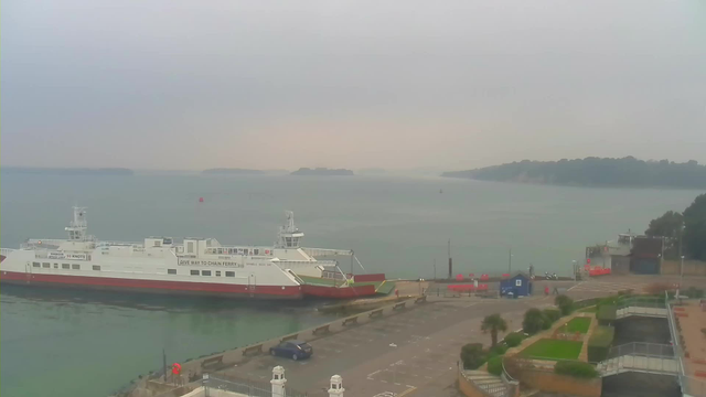 A foggy scene featuring a harbor with two large ferries docked at the pier. The nearest ferry is white with red accents and signage indicating ferry operations. In the background, there are rolling hills and several small islands in the water. The harbor area has a sidewalk and a few trees and shrubs, along with parked cars. A person in an orange jacket stands near the pier. The sky is overcast, creating a muted atmosphere.