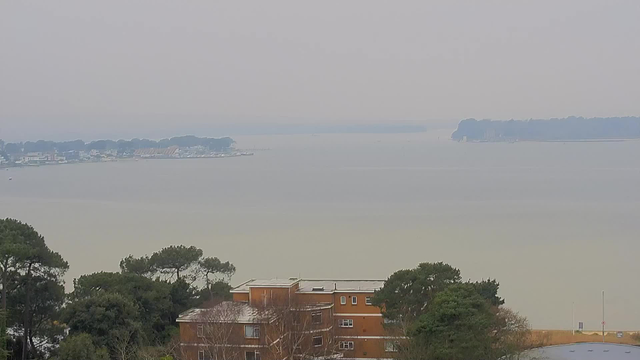 A hazy view of a lake or large body of water stretches across the center of the image, with faint outlines of trees and buildings visible along the shoreline. In the foreground, there are some trees and a brown multi-story building. The background features a distant shoreline with more buildings and what appears to be a marina or recreational area. The overall scene is muted due to overcast weather, with soft, gray tones dominating the sky and water.