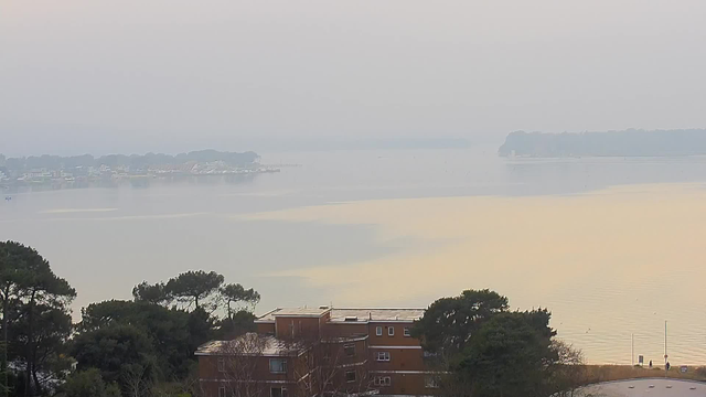 A hazy view of a calm body of water, reflecting soft yellow and grey tones. In the distance, there are a few buildings along the shoreline, partially obscured by fog. Trees are visible in the foreground, providing a contrast to the muted colors of the water and sky. The scene conveys a tranquil and serene atmosphere.