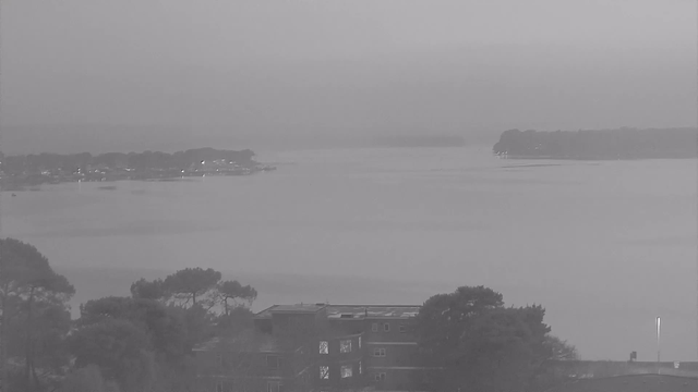 A grayscale image showing a calm body of water with a misty atmosphere. In the foreground, there are dark silhouettes of trees and buildings. The horizon is hazy, blending the water with the sky. There are faint reflections on the water surface, and on the left side, a faint outline of a shoreline with lights can be seen. The overall scene conveys a tranquil and serene environment.