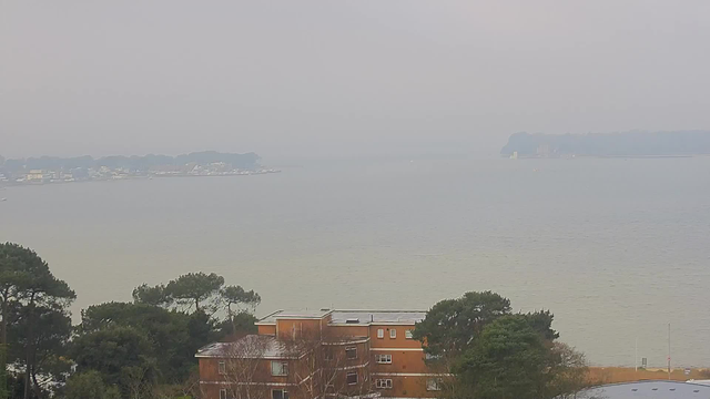 A foggy view of a body of water with a distant shoreline. In the foreground, there are several trees and a low-rise orange brick building with multiple windows. The water appears calm and has a grayish hue, blending into the cloudy sky. In the distance, various boats are anchored along the shoreline, which is lined with trees and some structures. The overall atmosphere is muted and misty.