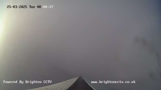 A view from a webcam looking down a flat rooftop structure. The scene is obscured by fog or low visibility, making it difficult to see far into the distance. The date displayed in the top left corner is March 25, 2025, and the time shows 8:00:17. The bottom of the image includes the text "Powered By Brighton CCTV" and the website "www.brightoncctv.co.uk."