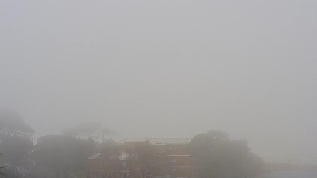 A foggy scene obscures visibility, with a hazy, grey atmosphere dominating the image. In the foreground, the outline of a brick building is faintly visible with some trees surrounding it, while the background fades into a thick mist, making it difficult to discern any further details or landscape.