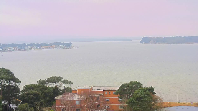 A view of a calm body of water with a light gray surface, extending towards the horizon. In the background, there are several trees lining the shore, with small boats visible near the land. On the left side, there are buildings of various colors along the water's edge. The sky is a soft pink hue, indicating possibly overcast conditions. In the foreground, some greenery is visible, including trees and shrubs.