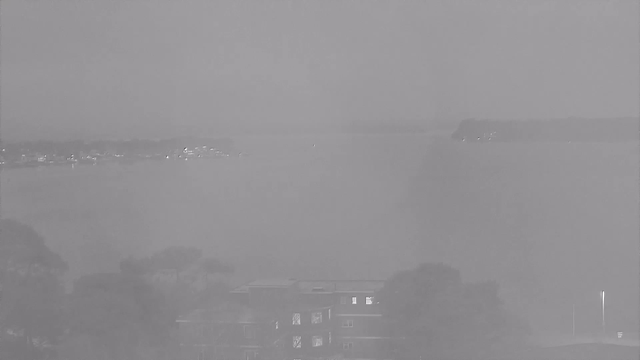 A grayscale image showing a foggy waterfront scene. In the foreground, there are trees and a low building with lit windows. The middle ground features a calm body of water reflecting the muted light, with some indistinct shapes, possibly boats, near the shoreline. In the background, there are blurred outlines of land and more trees, blending into the haze. The overall atmosphere is quiet and serene, with low visibility.