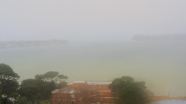 A hazy image showing a waterfront scene during foggy weather. In the foreground, there is a brick building partially obscured by trees. The water is visible in varying shades of green and blue, while the background fades into a gray mist that obscures the opposite shore and any further details. The atmosphere appears gray and damp, typical of overcast conditions.