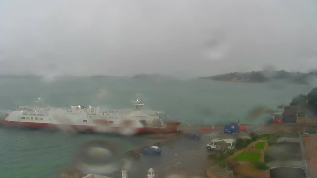 A gray, rainy scene showing a ferry docked near a harbor. The water is choppy and has a greenish hue, while the sky is overcast and foggy, obscuring the horizon. In the foreground, there are a few vehicles on a wet road and some greenery along the edge of the dock. The overall atmosphere is dreary and misty.