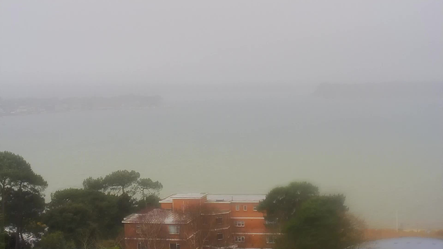 A foggy scene overlooking a body of water. In the foreground, there is a red-brick building surrounded by trees. The water appears calm, with varying shades of green and gray, and the distant land is barely visible through the mist. The overall atmosphere is muted and dreary due to the fog.