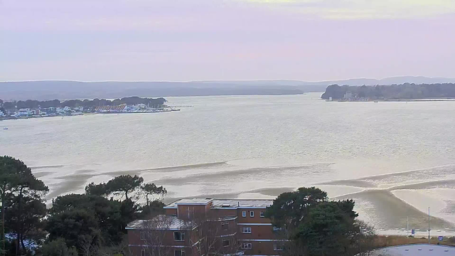 A wide view of a calm body of water, reflecting soft shades of grey and blue. On the left, there is a marina with several boats docked, and beyond that, a row of buildings and trees. The shoreline curves gently, leading to a distant forest and hills in the background. The sky is pale with hints of light clouds, creating a tranquil atmosphere. In the foreground, there are some trees and rooftops partially obscured, adding depth to the scene.