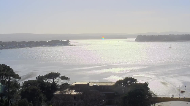 A tranquil view of a wide, shimmering body of water under a clear sky. The surface of the water reflects sunlight, creating a sparkling effect. In the distance, there are small boats scattered across the water. On the shore, there are trees and some buildings. The scene conveys a calm and peaceful atmosphere.