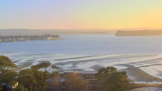A serene waterfront scene captures a calm bay with gentle waves reflecting the soft hues of a sunrise. In the foreground, trees and buildings line the edge of the water, while a harbor filled with small boats is visible to the left. The distant shoreline features low hills and a few sailboats dotting the water. The atmosphere is tranquil, evoking a sense of peace at dawn.