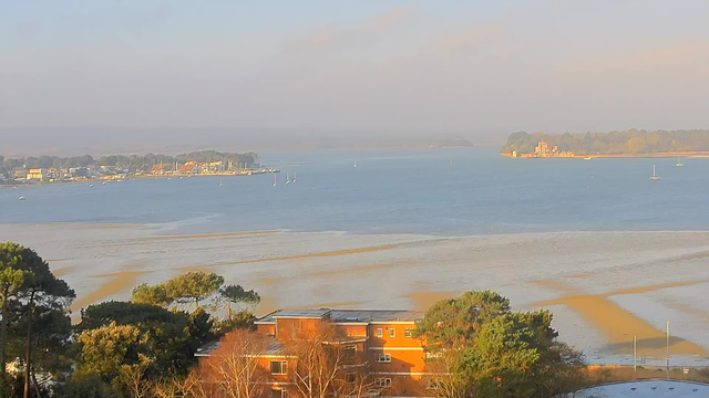 A tranquil seascape depicting a wide body of water with calm waves and sandbars visible, reflecting the soft morning light. In the distance, a shoreline lined with trees and buildings can be seen, along with several small boats sailing in the water. There are also a few yachts anchored. The foreground features greenery and a low-rise building nestled among trees, enhancing the natural beauty of the coastal scene.