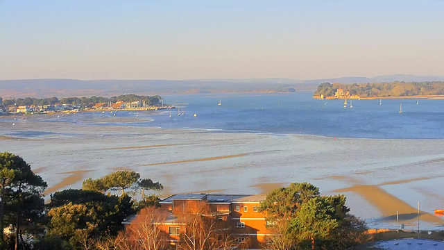 A scenic view of a river or bay during the day, with calm blue waters reflecting the clear sky. In the foreground, there are trees and a building with brown walls. In the background, small boats are scattered across the water, and a shoreline with various houses and structures can be seen. Hills are visible in the distance, creating a peaceful natural landscape.