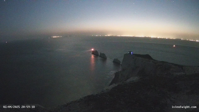 A dimly lit coastal scene at dusk, featuring a rocky shoreline with prominent cliffs on the right side. The ocean reflects lights from the shore and a distant lighthouse, which emits a red beam. In the background, a faint glow of city lights is visible across the water. The sky transitions from twilight blues to darker hues, speckled with faint stars. A timestamp in the lower corner reads "02/04/2025 20:59:18."