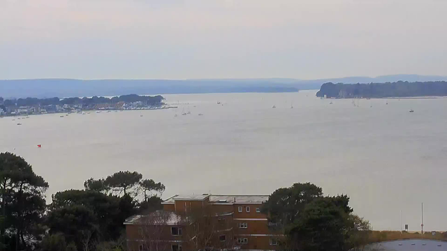 A panoramic view of a calm body of water, with several small boats scattered across the surface. In the distance, gentle hills rise above the waterline. On the left side, a coastal area features buildings and trees, while the foreground shows a few dark green trees and a brick building with a flat roof. The sky appears overcast, creating a muted atmosphere.
