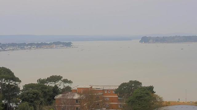 A panoramic view of a calm body of water, with several small boats scattered across the surface. In the background, a coastline lined with trees and buildings is visible. The sky is overcast with gray clouds, giving a muted atmosphere. In the foreground, some green foliage and a low building with multiple windows can be seen. The water appears to be fairly still, reflecting the cloudy sky.