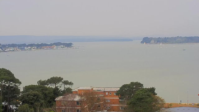 A view of a calm bay under a pale sky, with a distant shoreline featuring various boats scattered on the water. In the foreground, there are trees and a building with a reddish-brown exterior. The horizon shows a faint outline of more land and trees in the distance.
