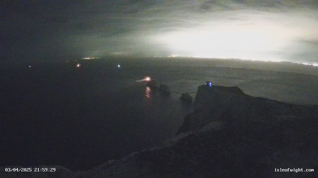 A dark coastal scene at night with a few visible lights on the water. In the foreground, rocky cliffs are slightly illuminated. A small boat is seen moving on the water, emitting a reddish glow. The horizon features distant city lights in the background, while the sky is mostly cloudy and appears grayish. The timestamp at the bottom reads "03/04/2025 21:59:29."