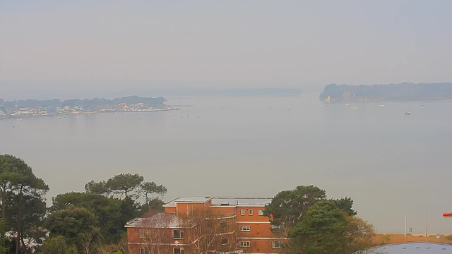 A calm body of water stretches across the scene, reflecting a hazy sky. In the distance, a shoreline with buildings and boats is visible, with gentle ripples on the water's surface. In the foreground, there are trees and shrubs, alongside a reddish-brick building. The atmosphere is tranquil and slightly overcast, suggesting an early morning or late afternoon setting.