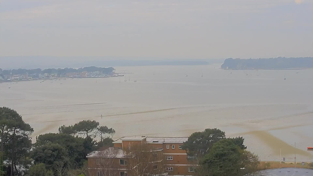A calm waterfront view featuring the sea and a distant shoreline. The water is mostly still, with small boats scattered across its surface. On the left side, there are hints of buildings along the waterfront, while trees and greenery are visible in the foreground, adding depth to the scene. The sky is overcast, creating a soft, muted atmosphere.