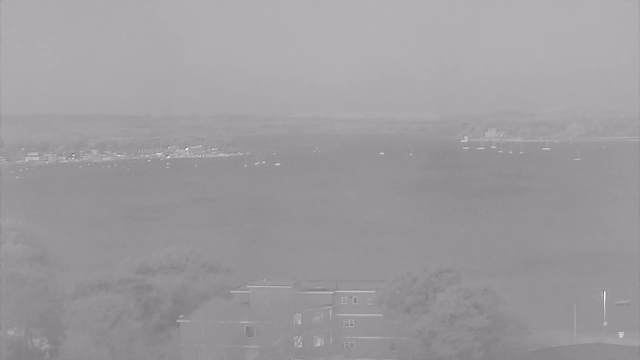 A grayscale image from a webcam showing a view of a calm body of water with scattered white sailboats. In the foreground, there is a low building with windows. The background features a shoreline lined with trees and a distant hilly landscape. The sky appears hazy, indicating possible fog or mist.